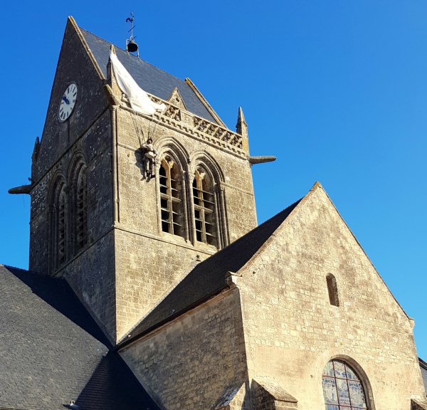 St Mere Eglise paratrooper at church steeple Normandy D-Day